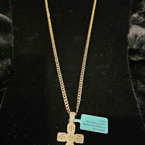 Gold over .925 Cross with 4.26CTW Moissanite on solid .925 24" Cuban Chain.